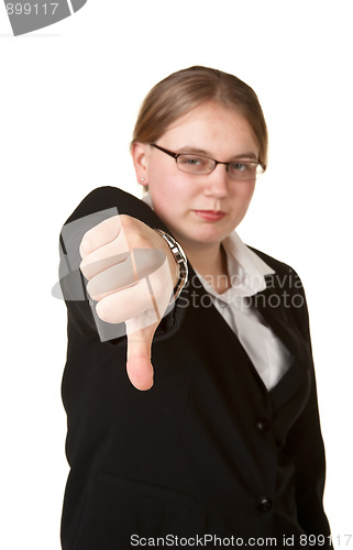 Image of thumbs down young business woman