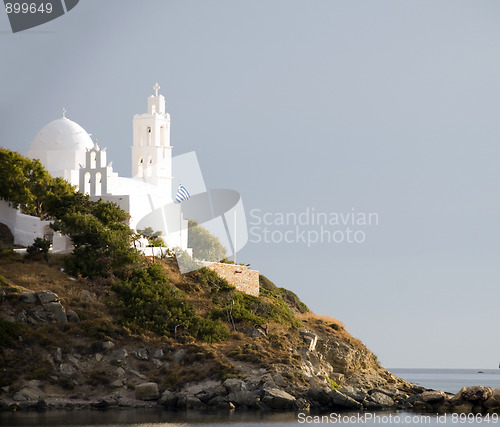 Image of greek island architecture bell tower church Ios Cyclades island 