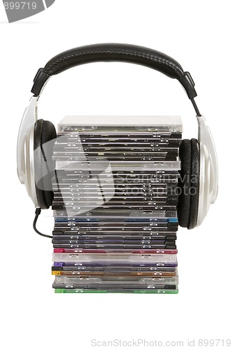 Image of front view of headphones and cd, dvd