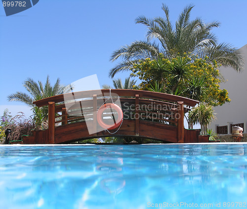 Image of Bridge over the swimming pool with life buoy