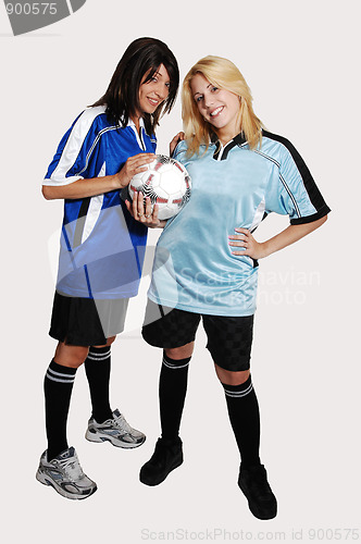 Image of Two soccer girls with ball.