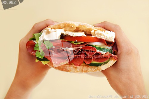 Image of Appetizing sandwich with ham and cheese