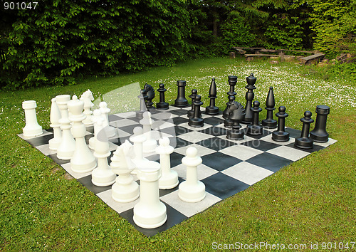 Image of big outdoor chess in green lawn