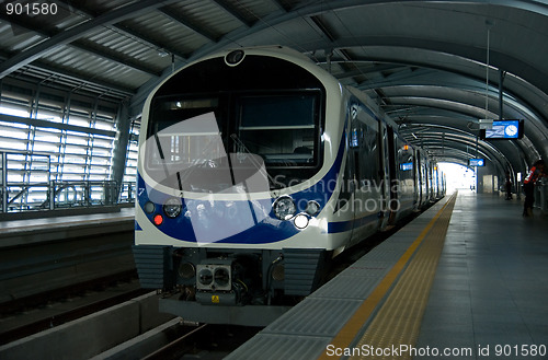 Image of Airport Link train at a station in Bangkok