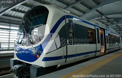 Image of Airport Link train at a station in Bangkok