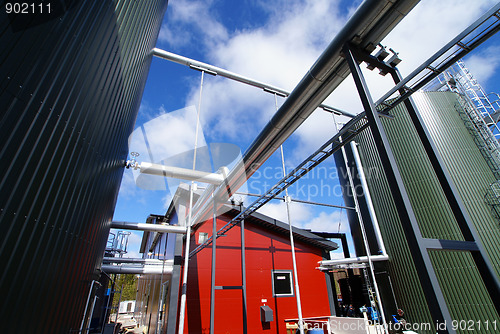 Image of Industrial zone, Steel pipelines on blue sky