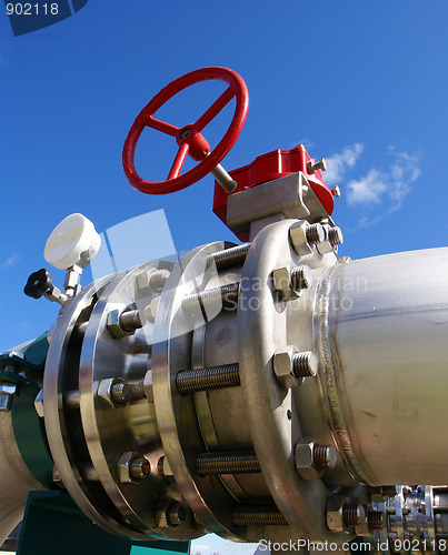 Image of Industrial zone, Steel pipelines and valve on blue sky         