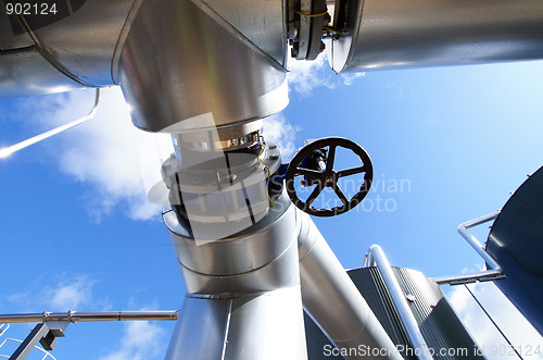 Image of Industrial zone, Steel pipelines on blue sky