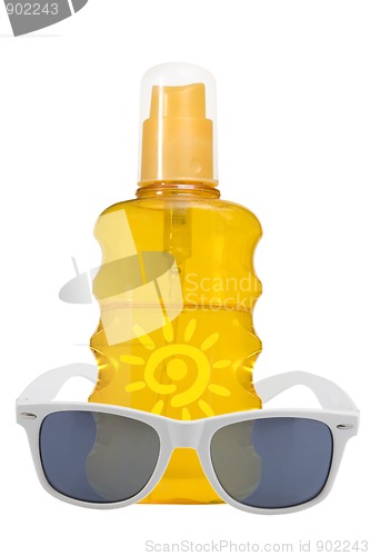 Image of oil product, sun protection and sunglassses