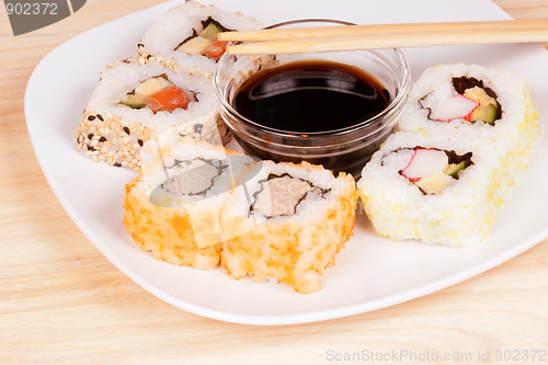 Image of Maki sushi with soy sauce