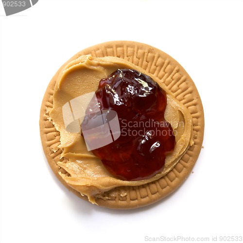 Image of peanut butter and strawberry jam on biscuit