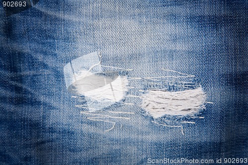 Image of detail of torn blue denim