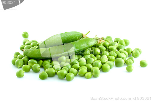 Image of Pile of green peas and pair of pods 