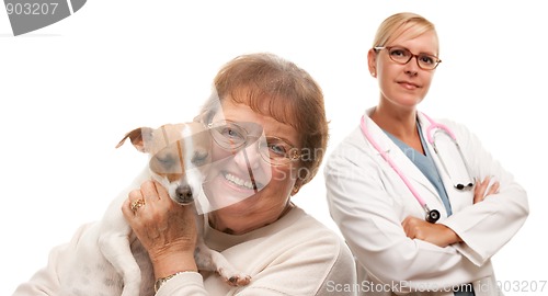 Image of Happy Senior Woman with Dog and Veterinarian