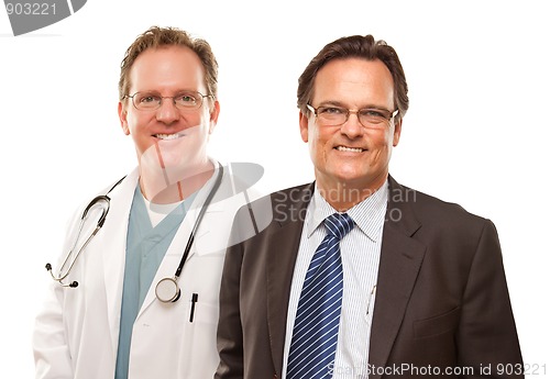 Image of Smiling Businessman with Male Doctor or Nurse