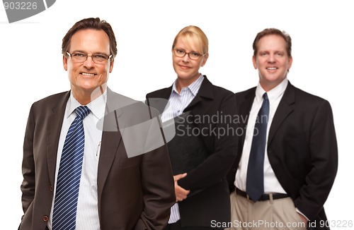 Image of Businessman with Team Portrait on White