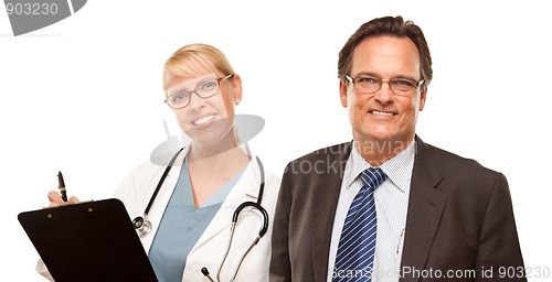 Image of Smiling Businessman with Female Doctor or Nurse