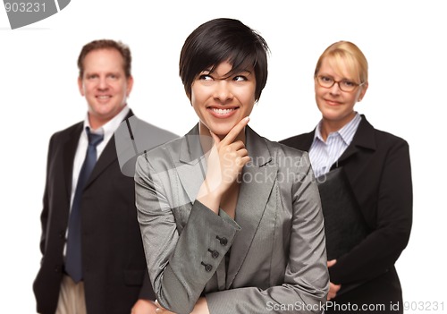 Image of Businesswoman with Team Portrait on White