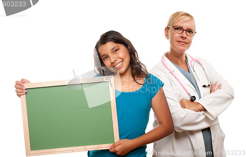 Image of Pretty Hispanic Girl Holding Blank Chalkboard