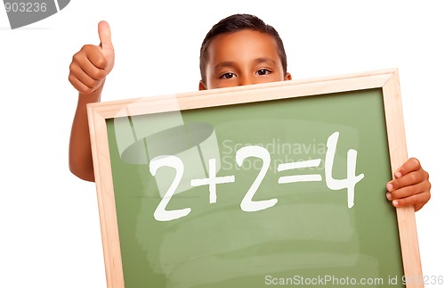 Image of Proud Hispanic Boy Holding Chalkboard with Math Equation