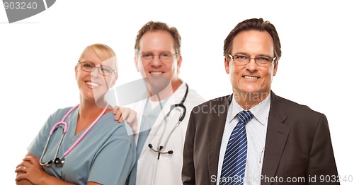 Image of Smiling Businessman with Male and Doctor and Nurse