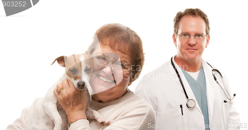 Image of Happy Senior Woman with Dog and Male Veterinarian