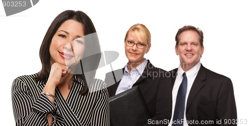 Image of Hispanic Woman In Front of Businesspeople on White