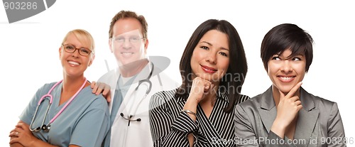 Image of Hispanic Mother and Daughter with Doctor and Nurse