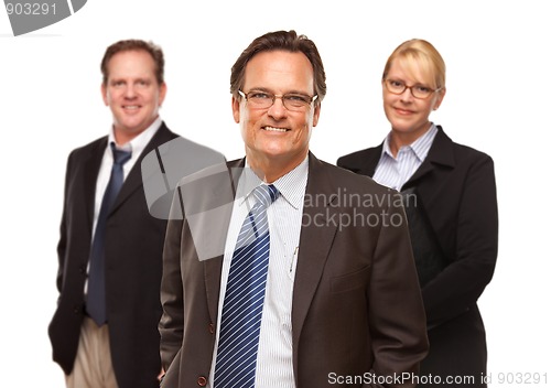 Image of Businessman with Team Portrait on White