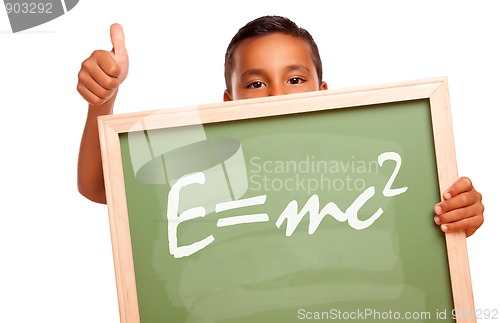 Image of Proud Hispanic Boy Holding Chalkboard with Theory of Relativity