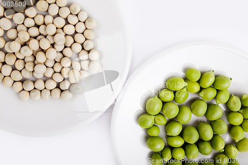 Image of Fresh and dried green peas on plate