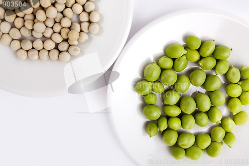 Image of Fresh and dried green peas on plate