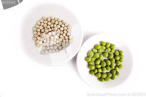 Image of Fresh and dried green peas on plate
