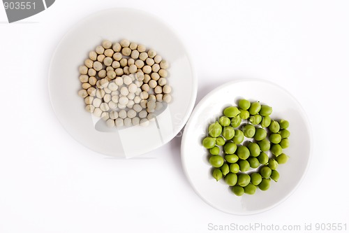 Image of Fresh and dried green peas on plate