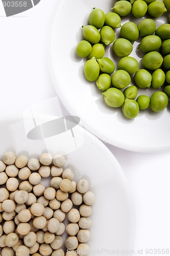 Image of Fresh and dried green peas on plate