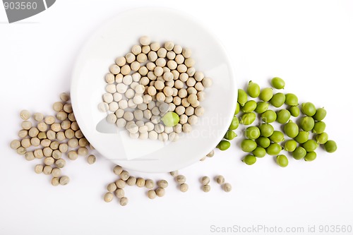 Image of Fresh and dried green peas on plate