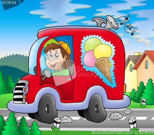 Image of Ice cream man driving red car