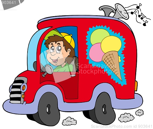 Image of Cartoon ice cream man in car