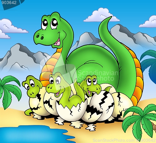 Image of Dinosaur mom with little babies