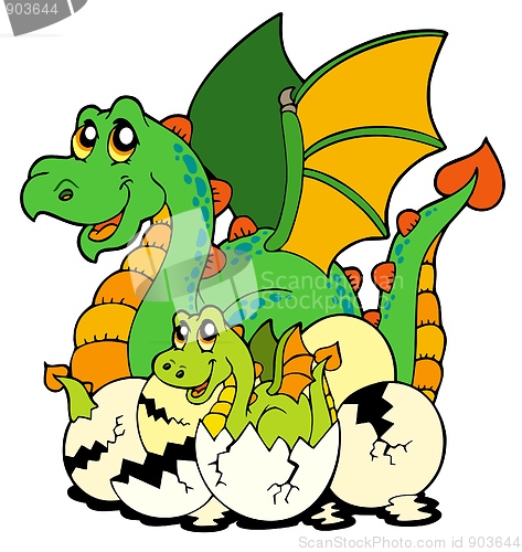 Image of Dragon mom with baby and eggs