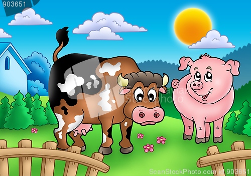 Image of Cartoon cow and pig behind fence