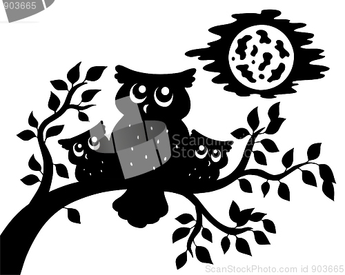 Image of Silhouette of three owls on branch