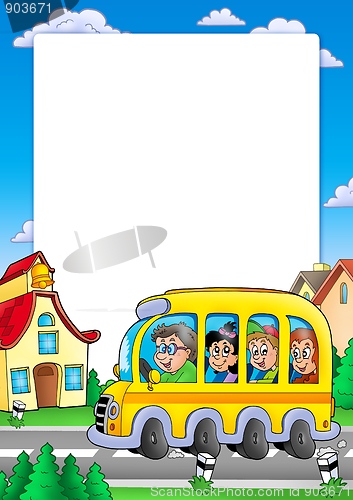 Image of School frame with bus and kids