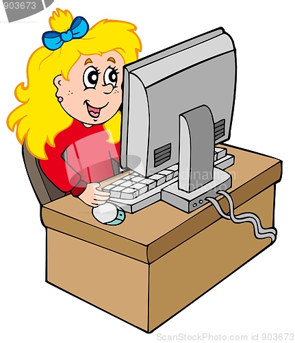 Image of Cartoon girl working with computer