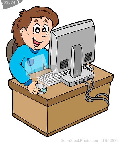 Image of Cartoon boy working with computer