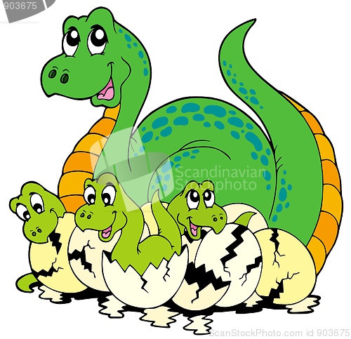 Image of Dinosaur mom with cute babies