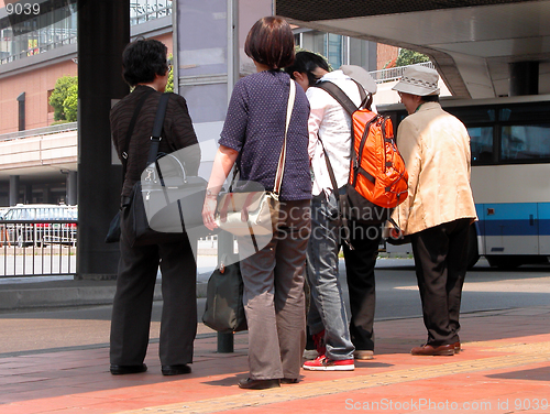 Image of  Eldery people group waiting for the bus in Japan.