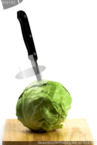 Image of green cabbage with knife