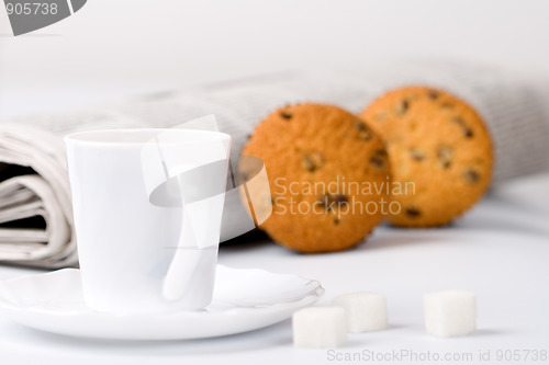 Image of coffee, sugar, muffins and newspapers