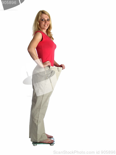 Image of Girl in big pants on scales